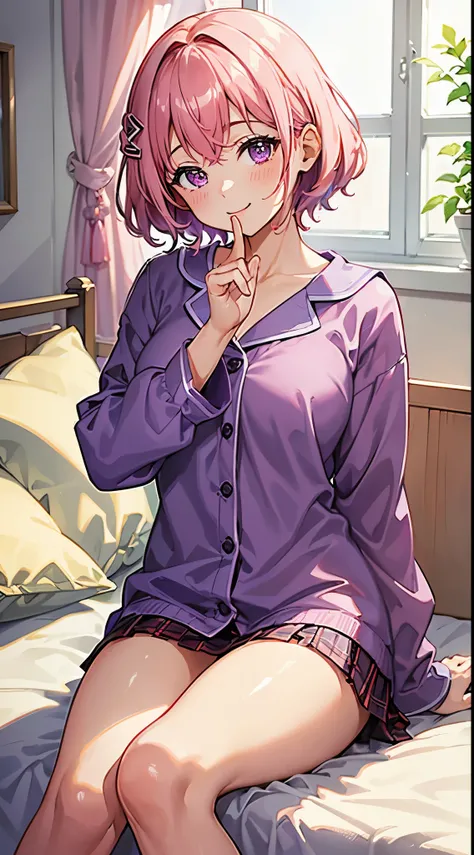 (best quality,4k,highres:1.2, SFW),cheerful schoolgirl with short pink hair,  purple eyes, wearing a cute purple hairclip, light blush adding a touch of color to her cheeks, a light smile brightening her face, dressed in cozy pajamas, sitting on her bed in...