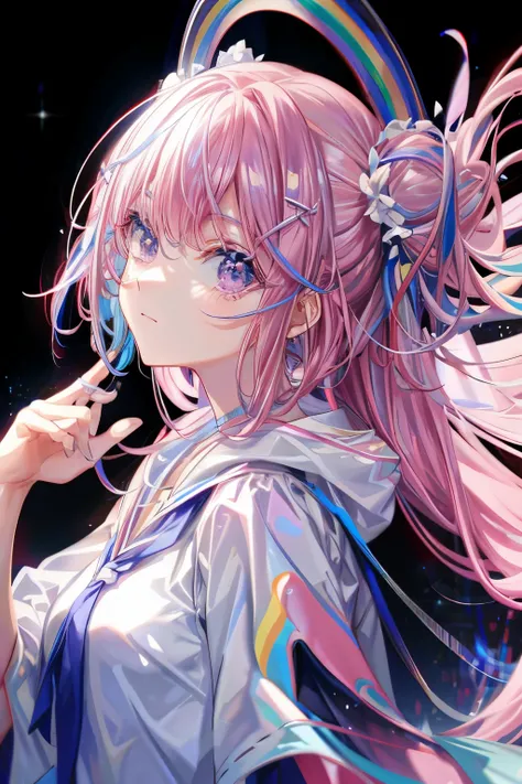 1人の女の子，Pechos grandes de color rosa，con fondo de color arco iris，