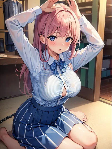 Masterpeace, 4k,8k,perfect quality,20years,beautiful cute Japanese woman,medium breasts, blush,ashamed, (baring blue and white stripe collar shirt:1.3),blue skirt,(in convince store:1.3),sitting,arms up and arrested by chain,(cum on breasts:1.3)