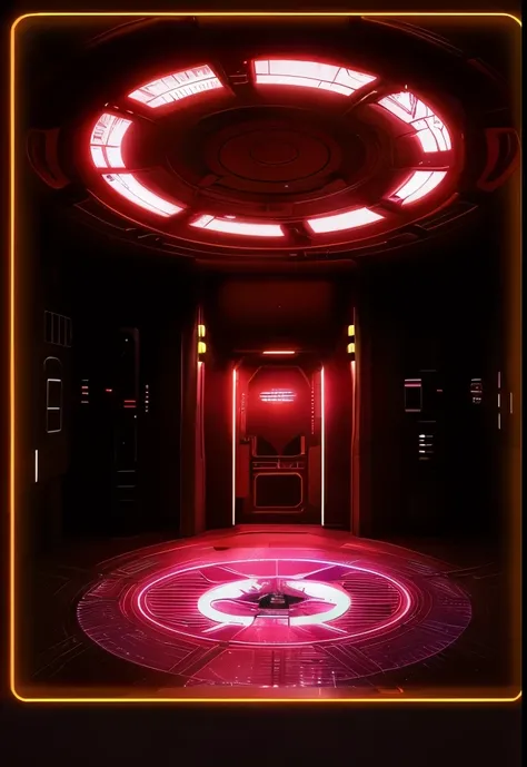 There is a red light in the center of the room, spaceship hallway background, scifi room, dramatic lighting sci fi, red neon lights inside it, In a dark futuristic room, science fiction scene, futuristic hall, Dark cyberpunk neon vibe, sci fi background, s...