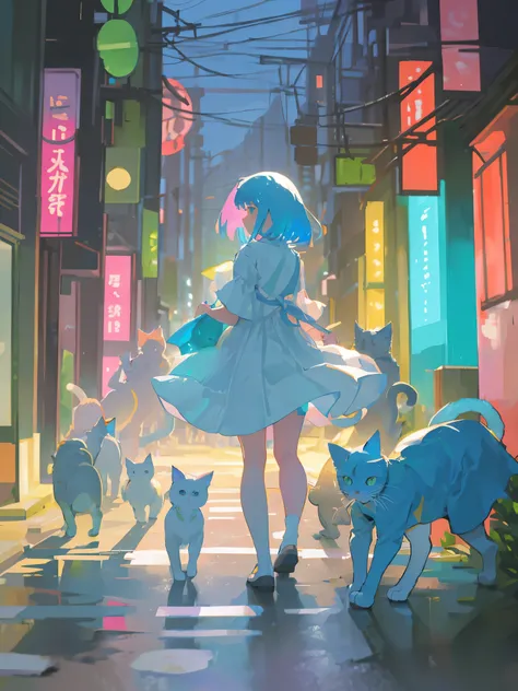 High Resolution, ultra detail, analogue photography, Vivid colors, soft focus, light leakage, dreamy atmosphere, A girl in a white dress walks down the street of Tokyo, there are 100 colorful cats around her, 100 cats of different colors follow a girl arou...