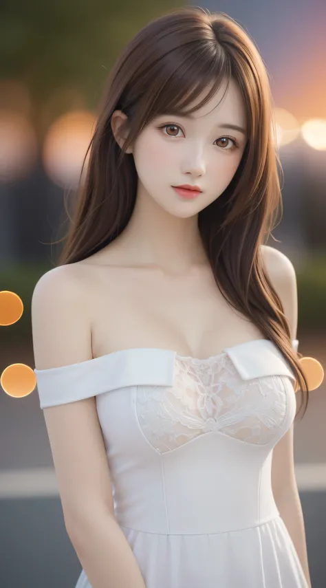 (Best Quality), (Ultra-detailed), (Illustration), (Detailed light), (extremely delicate and beautiful), 1young girls, Brown hair, Brown eyes, modeled, bare shoulders​、breastsout:1.2), Best Quality, extremely detailed CG unified 8k wallpaper, High-definitio...