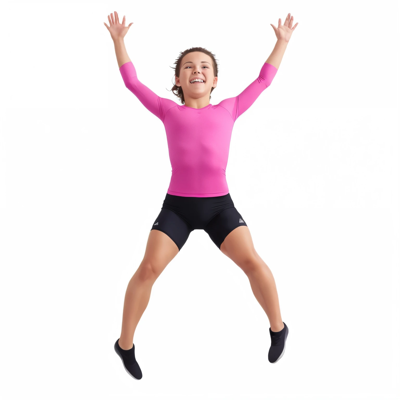 young girl in a sports pink shirt and black shorts jumping in the air, jump pose, photograph