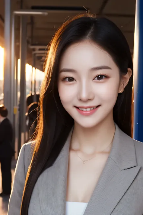 1 Realistic Pictures of Cute Korean Stars, hair behind ear, White skin, Thin makeup, 32 inch breast size, little smiling, Wearing a black office suit, At the train station, Sunset light, Upper body portrait, nffsw