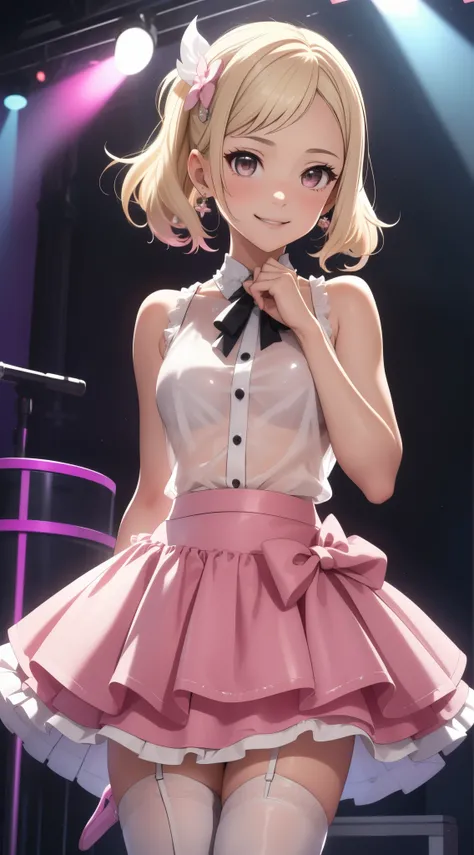 masterpiece, best quality, highly detailed, ultra high res, ayase arisa, 1girl, solo, hazel eyes, hair ornament, short ash blonde hair, (side tail), light smile, glossy lips, sleeveless idol dress, very puffy skirt, flared skirt, (see-through skirt:1.3), p...