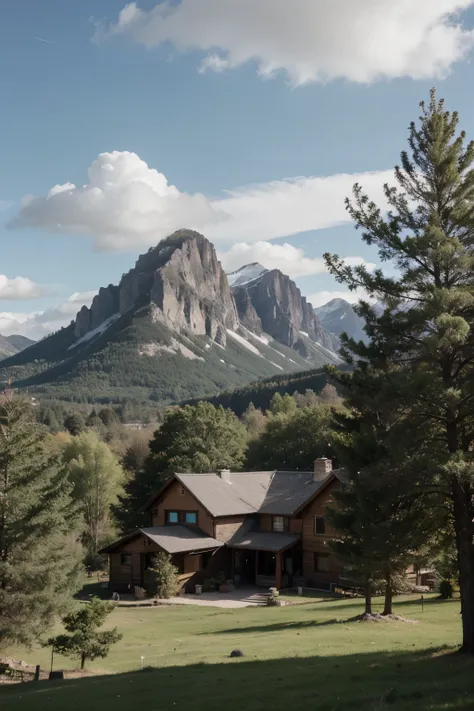 beautiful cartoon mountain view with clouds and trees