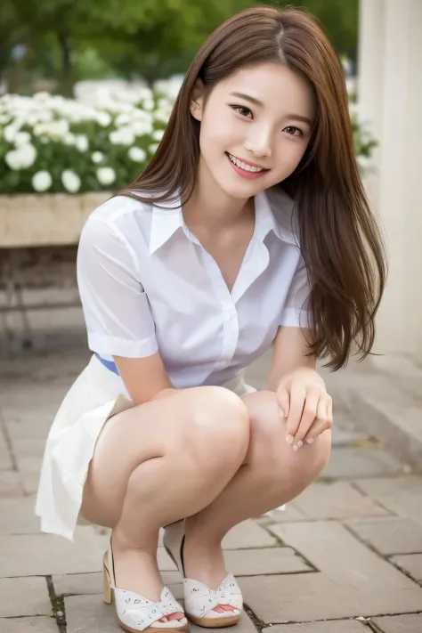 Very detailed 8k wallpaper)、foco nítido、in detail、Drama、Delicate and beautiful schoolgirl、sixteen years old、Sheer white shirt、Quite short skirt、ligh brown hair、beautiful and sexy hair ornaments、A smile、Peek at the viewer、Beautiful graphic school building o...