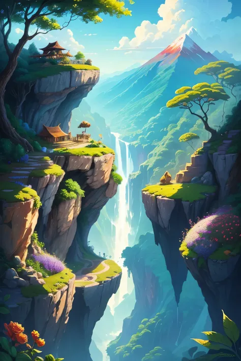 beautiful colorful cartoon mountain view with clouds and trees and colorful creatures and plants and flowers with a ledge in a jungle