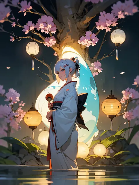 A girl in anime style clothing holding a blue ball, wearing a white and blue outfit, with white hair like a deity. The girl has beautiful detailed eyes and beautiful detailed lips. She is dressed in a traditional Japanese kimono. The kimono is made of high...