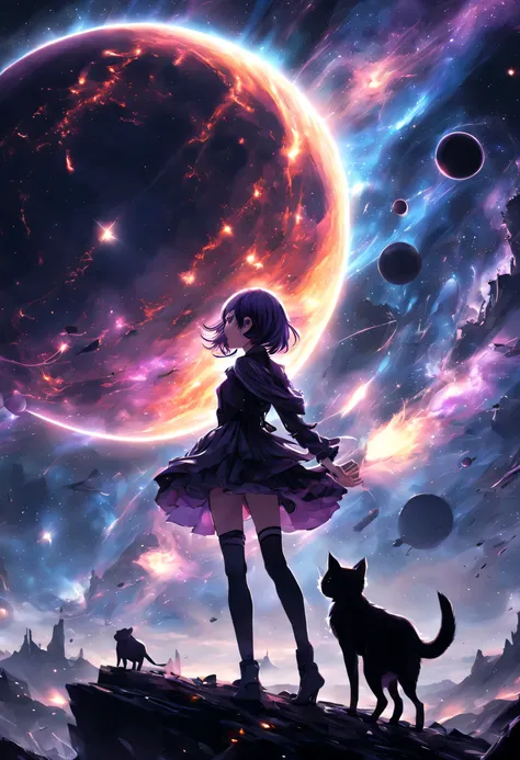 amanecer, Chica anime, alta con falda corta, Medias negras largas, Pechos medianos bonitos, pelo corto, Cabello morado corto, longitud media, silueta, Paisaje, milky way, alta calidad, 4k, Luna Grande, lluvia de estrellas, Planetas, Fin del mundo, Galaxias...