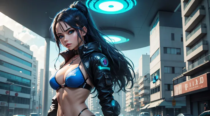 mujer hermosa, ojos azules , cabello verde,  en bikini , estililo cyber punk en la ciudad