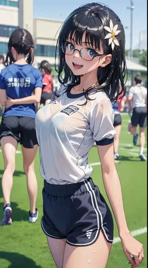 1womanl,Black hair,14 year old beautiful breasts,(((Sexy white and blue shiny short sleeve gym clothes and shorts、Smile with open mouth)),(((Satin Narico))),((( portlate))),Crowds,Shiny white short-sleeved gym uniform and blue shorts,Wet with sweat,((athle...