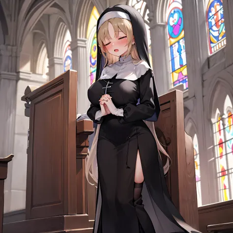 (solo 1 praying nun:1.2) standing in church, praying with holding hands together over chest, very thin, (black sheer dress:1.4), (huge breasts:1.2), (black sheer long skirt:1.3), inconceivably thin waist, closing eyes, nose blush, open mouth, (heavy breath...