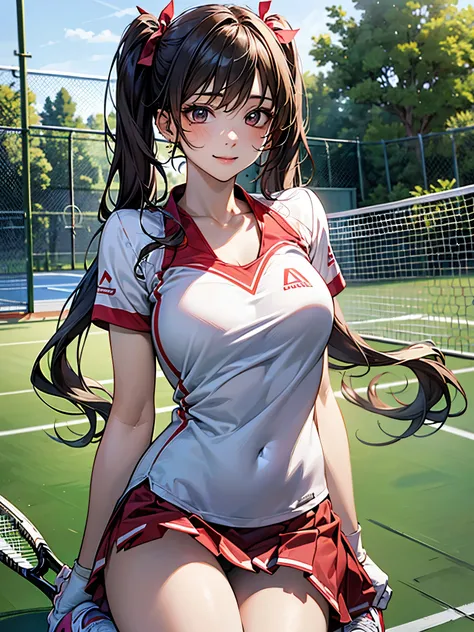 ((perfect anatomy, anatomically correct, super detailed skin)), 1 girl, japanese, 16 years old, tennis player, shiny skin, watching the view, 
 beautiful hair, beautiful face, beautiful detailed eyes, brown eyes, (long hair:1.7, twintails:1.5), babyface, m...