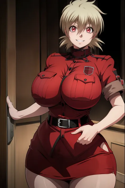 High resolution, Hellsing Ultimate art style, Seras Victoria, 1girl, ((bimbo))), short blond hair, red eyes, puffy lips, thick lips, wide hips, thick thighs, enormous round fake breast, huge ass, happy smile face,  tight police uniform, red skirt, breasts ...