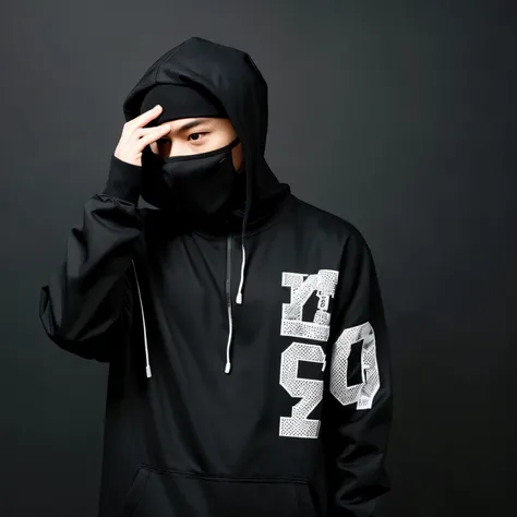 Cool guy　He is hiding his face with a black hood, but is trying to take it off.　Black clothe　Black background