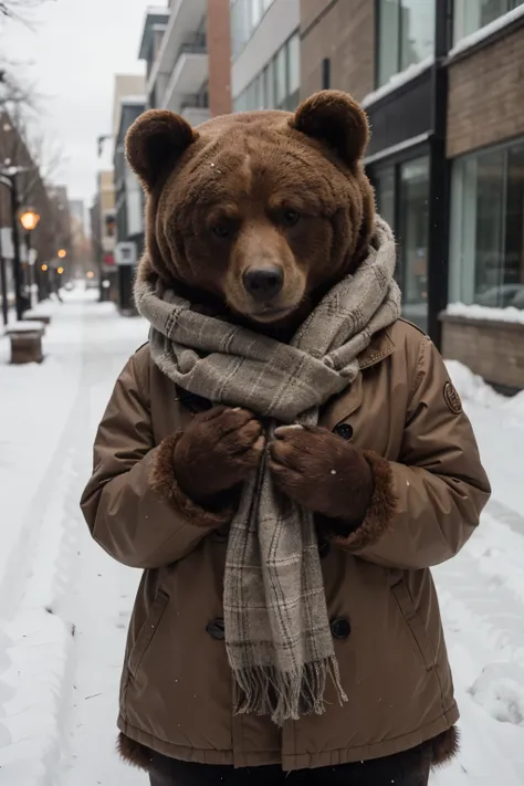 Cartoon bear with scarf in winter