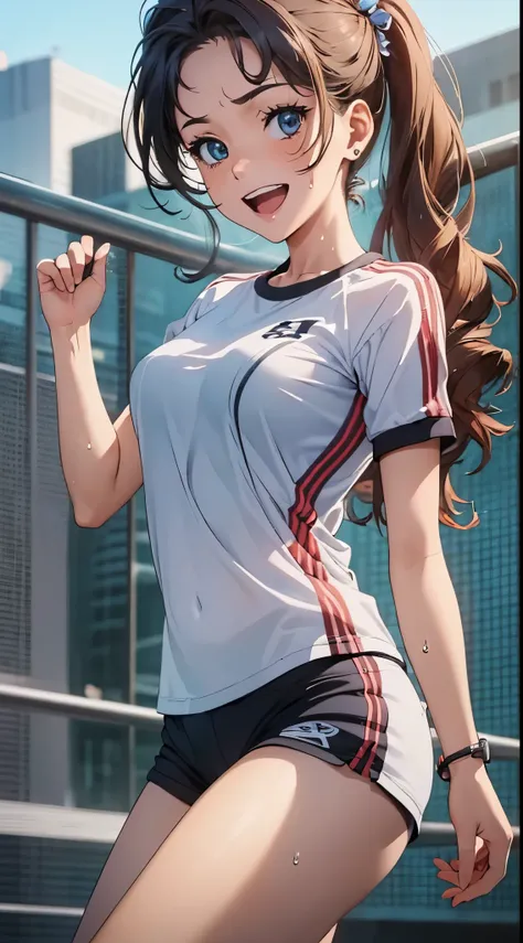 1womanl,Golden hair,14 year old beautiful breasts,(((Sexy white and blue shiny short sleeve gym clothes and shorts、Smile with open mouth)),((())),((( portlate))),Crowds,Shiny white short-sleeved gym uniform and blue shorts,(Wet with sweat),((athletic field...