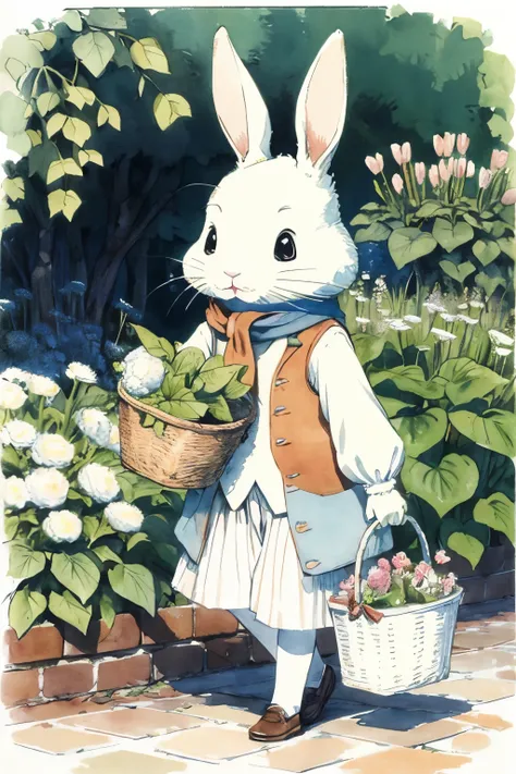 ((best quality)), ((masterpiece)), (detailed), perfect face
an adorable white rabbit, wearing a vest and scarf, holding a basket of cabbages, walking, vivid colors, line-art, watercolor, Beatrix Potter style