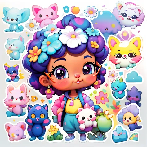 a cartoon girl with glasses, Menina afro-americana, menina elegante afro-americana, mochila roxa, long pants, Muitas bolhas, flor, super bonito funky menina preta, arte digital detalhada bonito, Retrato de uma Lisa Frank, arte digital bonito, arte dos dese...