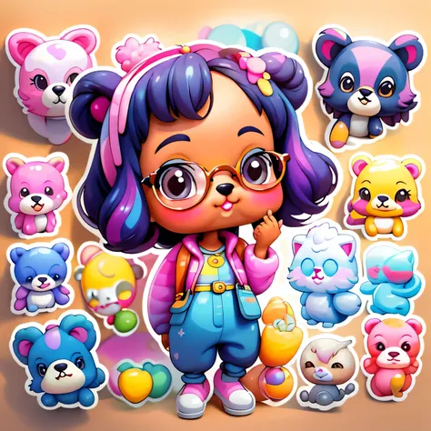 a cartoon girl with glasses, Menina afro-americana, menina elegante afro-americana, mochila roxa, long pants, camisa de urso, super bonito funky menina preta, arte digital detalhada bonito, Retrato de uma Lisa Frank, arte digital bonito, arte dos desenhos ...