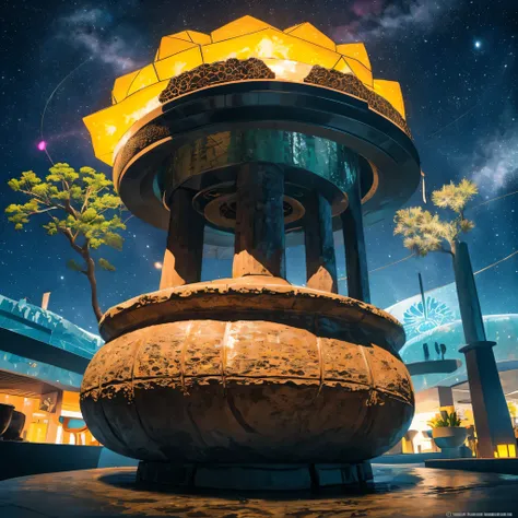 Alien Hexagonal Base (very detailed nipples) In a hexagonal mountain oasis，There are several hexagonal exhaust fans and chimneys, some neon lights projecting from the base，Light up the dark night), There are some clouds in the night sky, Some surrounding p...