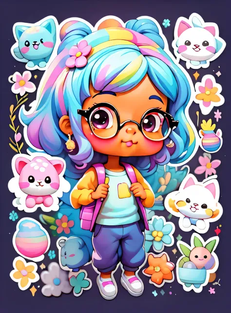 a cartoon girl with glasses, Menina afro-americana, menina elegante afro-americana, mochila roxa, long pants, Muitas bolhas, flor, super bonito funky menina preta, arte digital detalhada bonito, Retrato de uma Lisa Frank, arte digital bonito, arte dos dese...