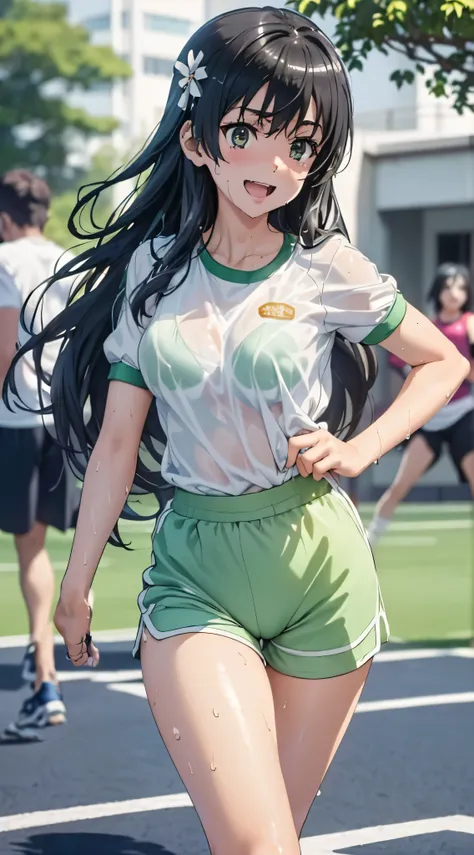 1womanl,Golden hair,14 year old beautiful breasts,(((Sexy white shiny short sleeve gym clothes and shorts、Smile with open mouth)),(((Satin Narico))),((( portlate))),Crowds,Shiny white short sleeve gym clothes and shorts,(Wet with sweat),((athletic field)),...