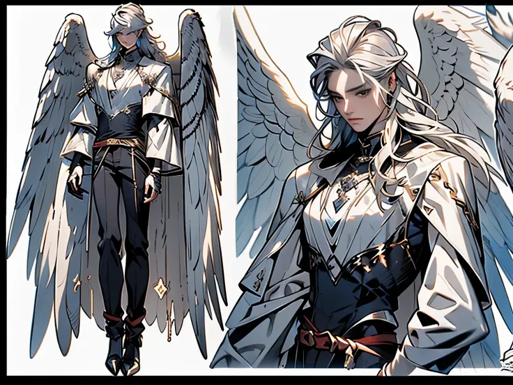 reference sheet, front view one side, full body, angel man, 18 years old, handsome man, white wings, long white hair, rock style