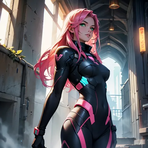 A  girl, with pink long hair and green eyes, mass effect, Full-length