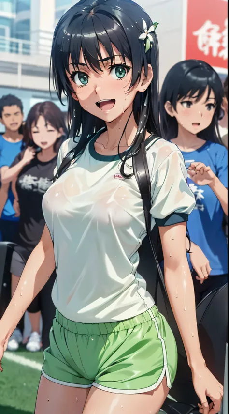 1womanl,Golden hair,14 year old beautiful breasts,(((Sexy white shiny short sleeve gym clothes and shorts、Smile with open mouth)),(((Satin Narico))),((( portlate))),Crowds,Shiny white short sleeve gym clothes and shorts,(Wet with sweat),((athletic field)),...