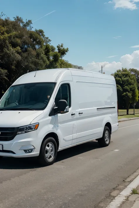 Delivery van driving on the road, sunny day, sleek white van