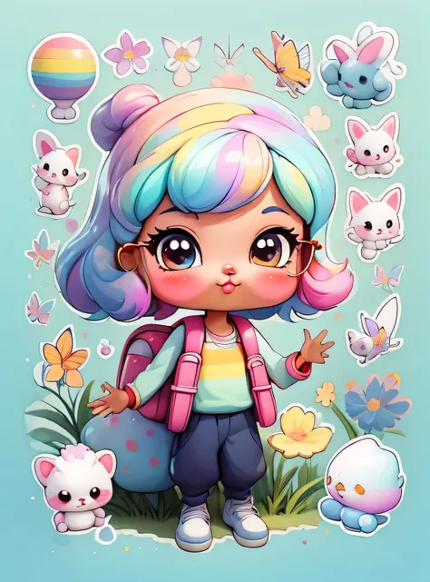 a cartoon girl with glasses, Menina afro-americana, menina elegante afro-americana, mochila roxa, long pants, Muitas bolhas, flor, Borboletas, super bonito funky menina preta, arte digital detalhada bonito, Retrato de uma Lisa Frank, arte digital bonito, a...