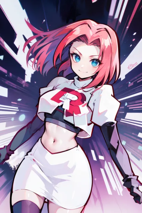 haruno sakura ,rocket,team rocket uniform, red letter R, white skirt,white crop top,black thigh-high boots,black elbow gloves, evil smile, look at viewer,