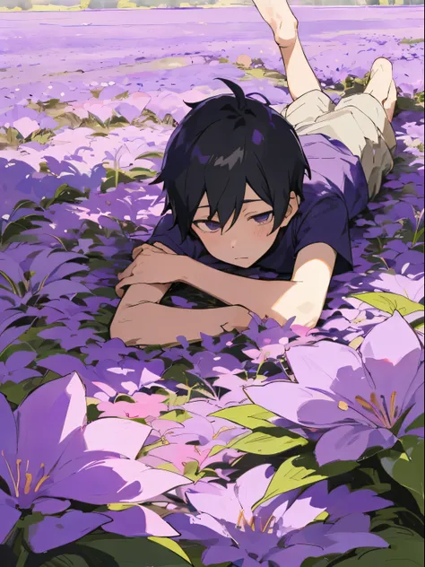 omori laying in a purple flower field, 1boy, photographed