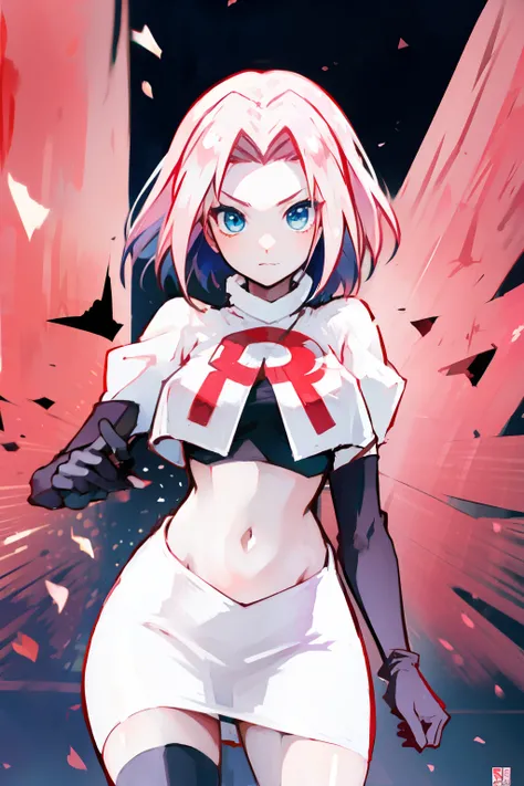 haruno sakura ,rocket,team rocket uniform, red letter R, white skirt,white crop top,black thigh-high boots,black elbow gloves,