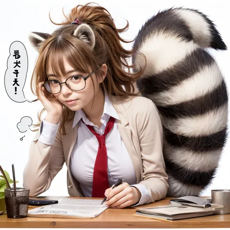 A woman with a raccoon tail wearing glasses and a red tie and sitting at a desk, A woman wearing a pleated miniskirt with a raccoon tail, anthropomorphic racoon, けもの, Realistic, a picture, top-quality, Her pleated miniskirt is flipped up and her tail is vi...