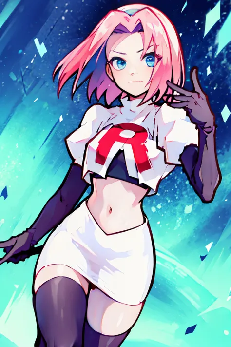 haruno sakura ,rocket,team rocket uniform, red letter R, white skirt,white crop top,black thigh-high boots,black elbow gloves,