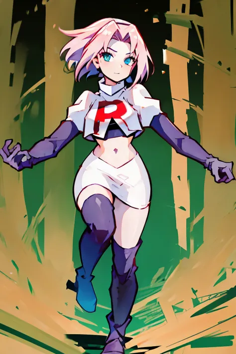 haruno sakura ,rocket,team rocket uniform, red letter R, white skirt,white crop top,black thigh-high boots,black elbow gloves,