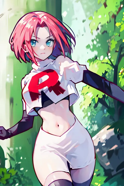 haruno sakura ,rocket,team rocket uniform, red letter R, white skirt,white crop top,black thigh-high boots,black elbow gloves,