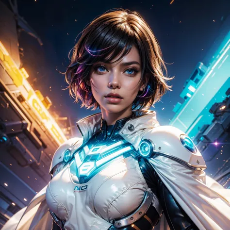 Bust to waist ((perfect face)) perfect skin, hyperrealistic masterpiece, Superheroine woman ((fringe glowing colorful)) in extremely complex & superdetailed tight plugsuit ((with white cape)), sharp focus, cinematic illumination: 8k, (((neos-cyberpunkcore ...