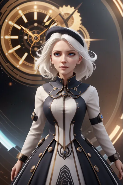 xyzahri, white hair, 1girl, 3d render, cgi, , portrait, solo, half shot, looking up, detailed background, detailed face, dystopian [futuristic|timeless], impossible space, circular patterns, (style-swirlmagic:1.0), hourglass, clockwork, clock gears,     co...