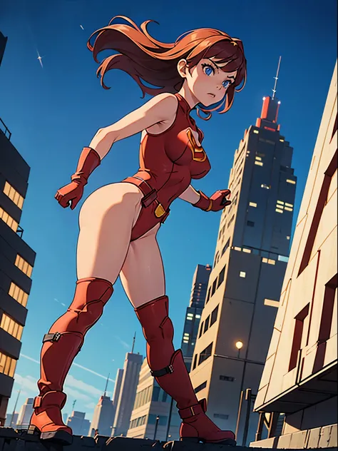 1girl, medium breasts, leotard, red leotard, bare legs, tight belt, boots, gloves, city backdrop, solo, single, hands on hip, standing, full body shot, cowboy shot, superhero, beautiful detailed eyes, power