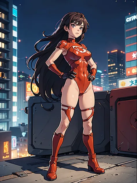 1girl, medium breasts, leotard, red leotard, bare legs, tight belt, boots, gloves, city backdrop, solo, single, hands on hip, standing, full body shot, cowboy shot, superhero, beautiful detailed eyes, power