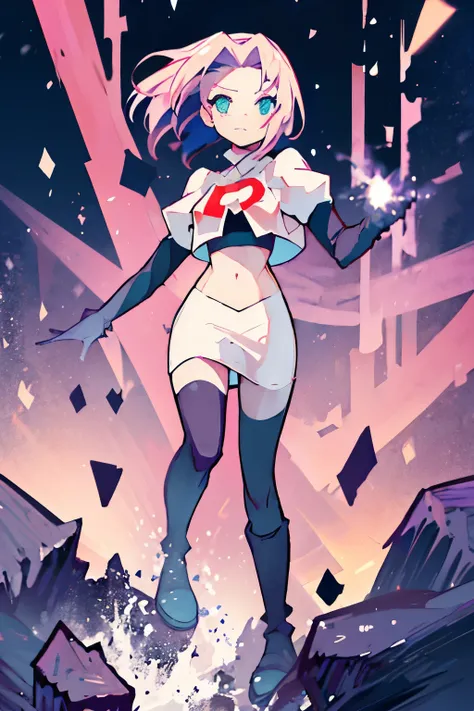 haruno sakura ,rocket,team rocket uniform, red letter R, white skirt,white crop top,black thigh-high boots,black elbow gloves,