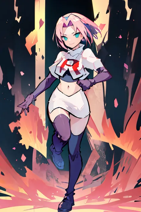 haruno sakura ,rocket,team rocket uniform, red letter R, white skirt,white crop top,black thigh-high boots,black elbow gloves,