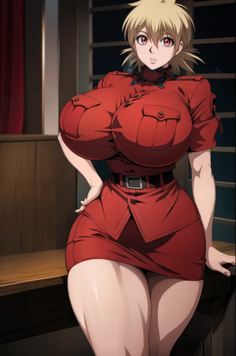 High resolution, Hellsing Ultimate art style, Seras Victoria, 1girl, ((bimbo))), short blond hair, red eyes, puffy lips, thick lips, wide hips, thick thighs, enormous fake breast, huge ass, bitchy face, tight police uniform, red skirt, breasts squeezed tog...