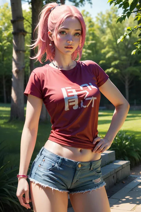 (Best Quality:1.4), (Unparalleled Masterpiece), (Ultra High Definition), (Ultra Realistic 8k CG), (Photorealistic:1.4), upper body, Realistic, Cinematic Light, 16 Year Old Girl, (1 Girl), Solo, Sakura Haruno, Sakura Naruto, Cool Pose, Perfect Body, Green E...