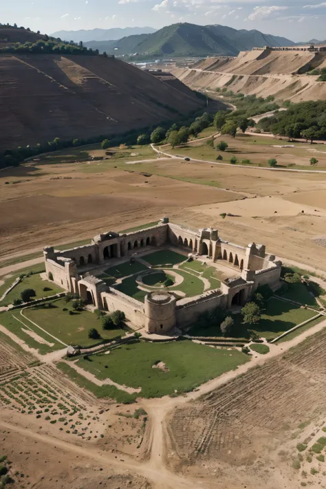 The central part of Ornek features a distinct quadrangular platform with an almost square shape, oriented vertically to align with the cardinal directions. At the corners and along the perimeter of the walls, small hills can be observed, marking the locati...