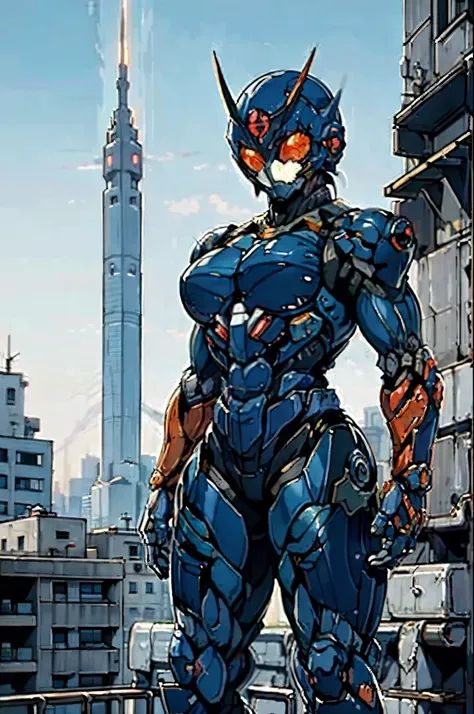 A super  a high-tech biotech battle suit, standing on a rooftop, looking over the city, Japanese tokusatsu and American comic style, biometallic texture of the suit, sleek and shiny, dynamic, fast, natural light, cinematic, high quality, high resolution, h...